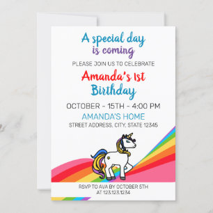 Invitación Lindo y colorido arcoiris mágico Unicornio primer 