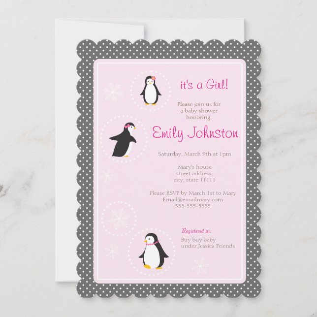 Invitación lindos pingüinos chica ducha bebé 5" x 7" invitaci (Anverso)