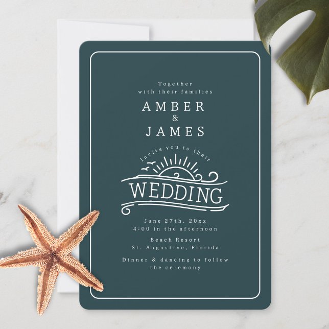 Invitación Line Art Beach Wedding Dark Slate Green (Subido por el creador)