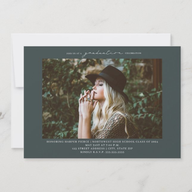 Invitación Line Art Photo Emerald Graduation Party Invitation (Anverso)