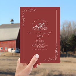Invitación Line Art Rustic Barn Siled Red Boda
