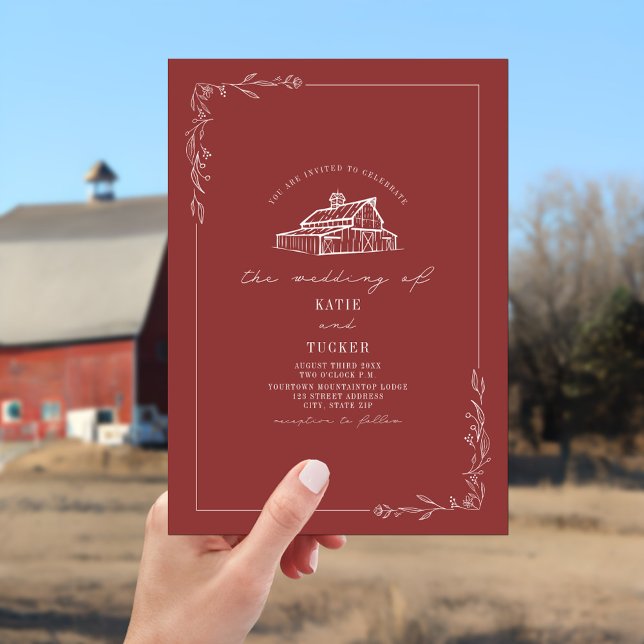 Invitación Line Art Rustic Barn Siled Red Boda (Subido por el creador)