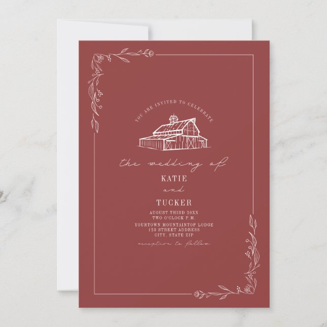 Invitación Line Art Rustic Barn Silenciado Boda Rojo QR (Anverso)