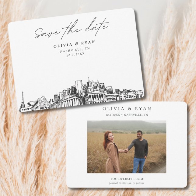 Invitación Línea aérea Boda de Nashville Guardar la fecha (Nashville wedding save the date with engagement photo and black and white skyline)
