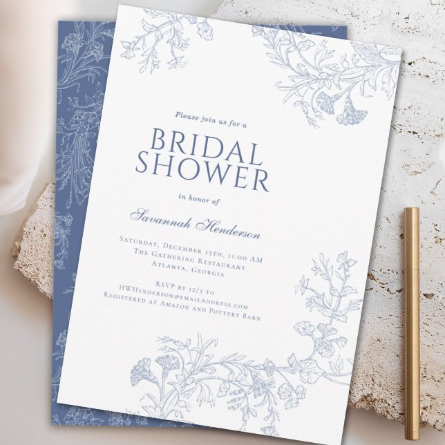 Invitación Línea Azul Clásica Escurrida Floral Bridal Shower (Subido por el creador)