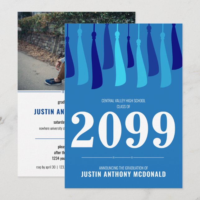 Invitación Línea azul de graduación fotográfica de Tassels (Anverso / Reverso)