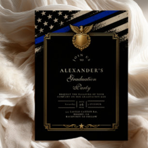 Invitación Línea Azul Fina Graduación Policía Negro Oro