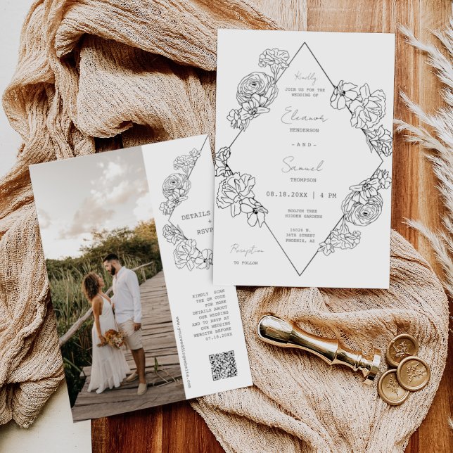 Invitación Línea botánica Art Boho Foto Boda de código QR (Subido por el creador)