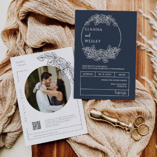 Invitación Línea Botánica Azul de la Marina Art Boho QR Code