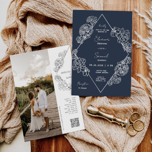 Invitación Línea Botánica Azul de la Marina Art Boho QR Code