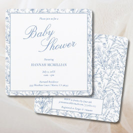 Invitación Línea Botánica Azul Toile Dibujo Baby Shower