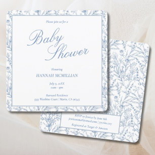 Invitación Línea Botánica Azul Toile Dibujo Baby Shower