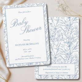 Invitación Línea Botánica Azul Toile Dibujo Baby Shower