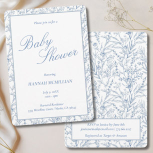 Invitación Línea Botánica Azul Toile Dibujo Baby Shower