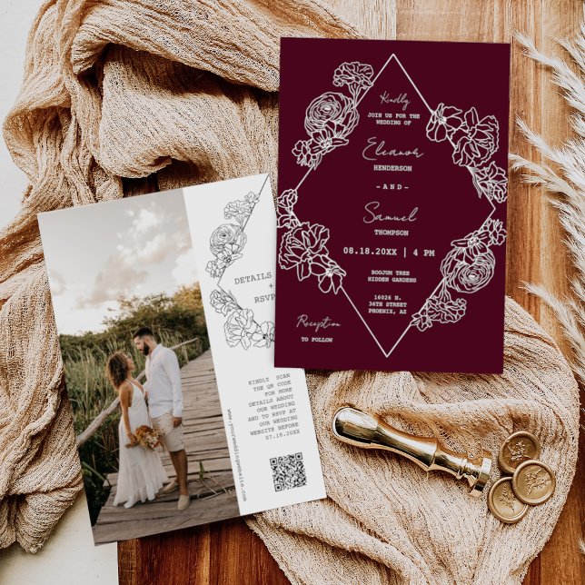 Invitación Línea Botánica Borgoña Arte Boho Código QR Foto (Subido por el creador)