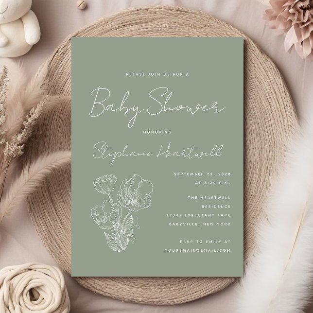 Invitación Línea Botánica Moderna Art Sage Green Baby Shower (Subido por el creador)