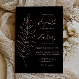 Invitación Línea Botánica Simple Arte Rosa Negro Boda de oro