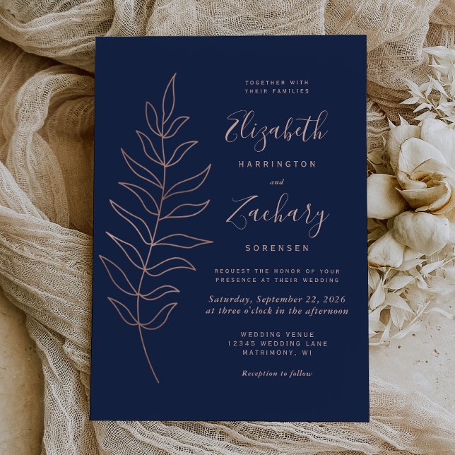 Invitación Línea Botánica Simple Rosa de Boda de oro de la Ma (Subido por el creador)