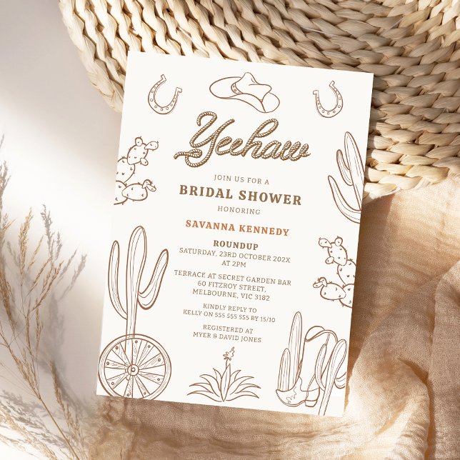 Invitación Línea Brown Yeehaw Western Cowgirl Briower (Modern Cowgirl Bridal Shower Invitation, Western Bridal Shower Invite, Country, Wild West, Yeehaw)