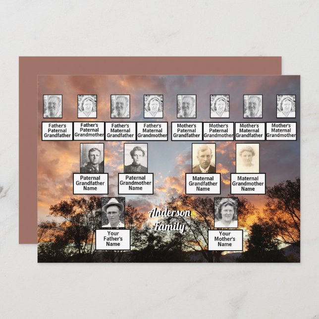 Invitación Línea de árbol fotográfico de tres generaciones co (Anverso / Reverso)