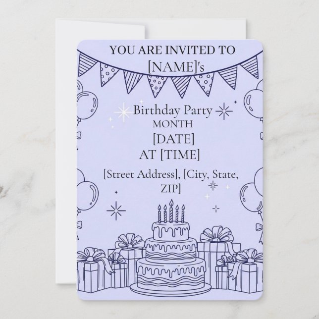 Invitación Línea de Arte de Celebración de Cumpleaños – Tarta (Anverso)