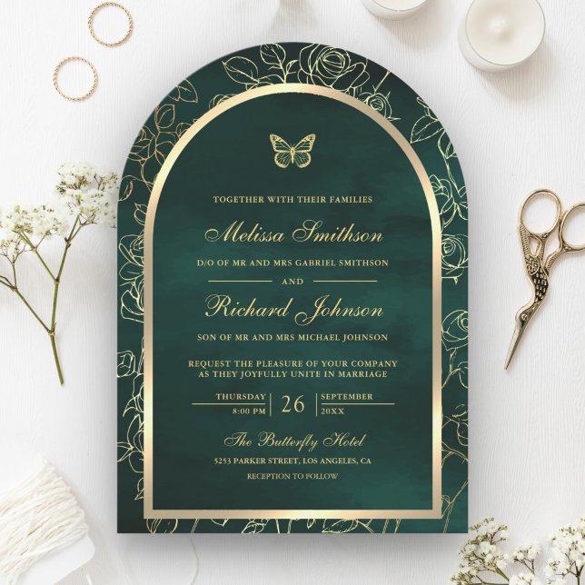 Invitación Línea de arte verde esmeralda Mariposa arco dorado (Subido por el creador)