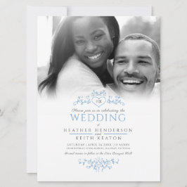 Invitación Línea de hoja arte monograma boda azul