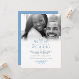 Invitación Línea de hoja arte monograma boda azul
