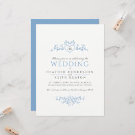 Invitación Línea de la hoja arte monograma corazón azul claro