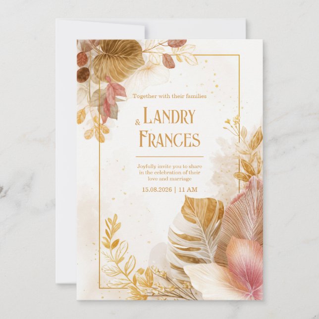 Invitación Línea de Oro Rosa Hoja de Monstera Botánica Boda (Anverso)