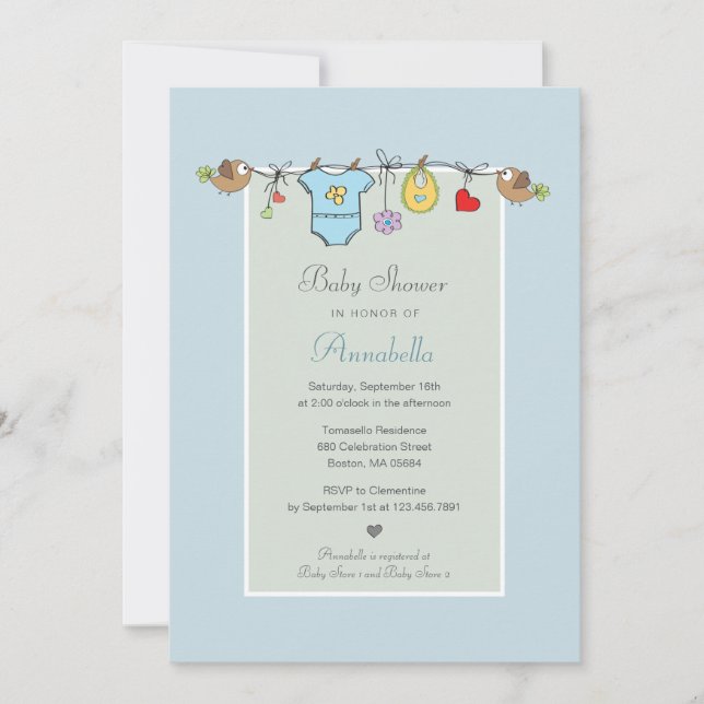 Invitación Línea de ropa azul adorable trae una ducha de bebé (Anverso)