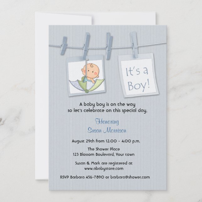 Invitación Línea de ropa, azul, ducha bebé (Anverso)