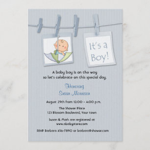 Invitación Línea de ropa, azul, ducha bebé