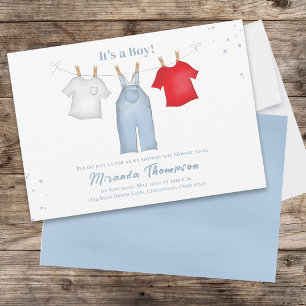 Invitación Línea de ropa de Baby Shower azul
