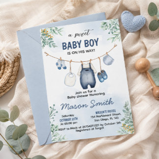 Invitación Línea de ropa de bebé niño azul Fiesta de Bienveni