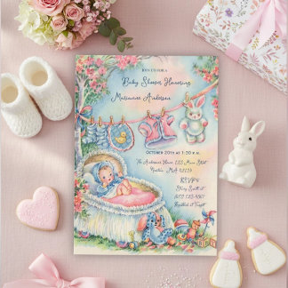 Invitación Línea de ropa de guardería retro Bienvenida niña