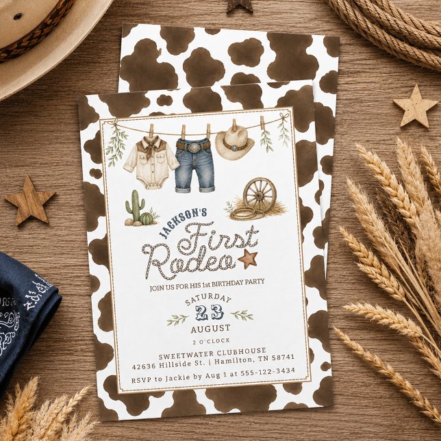 Invitación Línea de ropa linda First Rodeo Fiesta de cumpleañ (Cute Clothesline First Rodeo 1st Birthday Party Invitation)