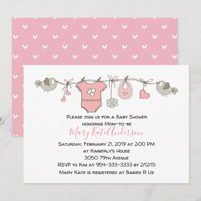 Invitación Línea de ropa rosa Es un BABY SHOWER Chica (Anverso / Reverso)