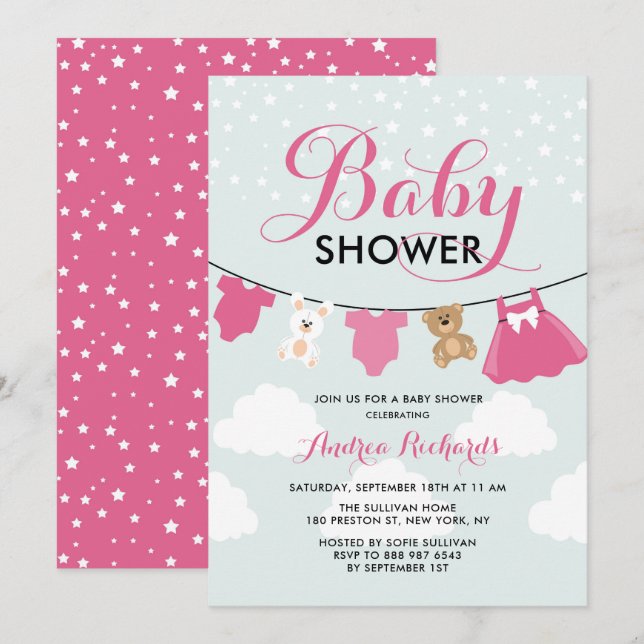 Invitación Línea de ropa suave rosa es un Baby Shower Chica (Anverso / Reverso)