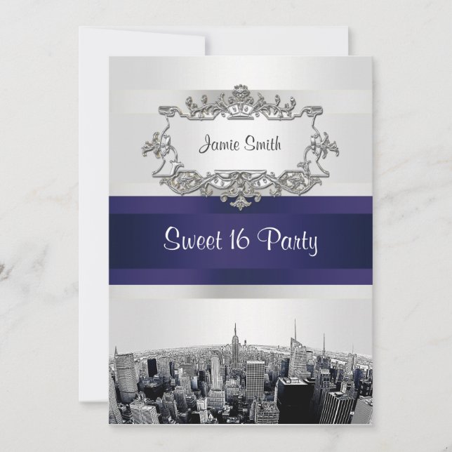 Invitación Línea de Skyline 2 Etched NYC Blanco, Cinta Azul D (Anverso)