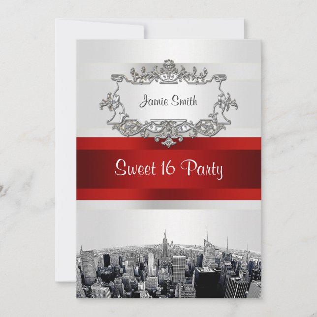 Invitación Línea de Skyline 2 Etched NYC Blanco, Cinta Roja D (Anverso)
