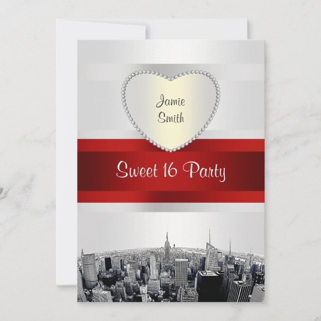 Invitación Línea de Skyline 2H Etched NYC Blanco, Cinta Roja  (Anverso)