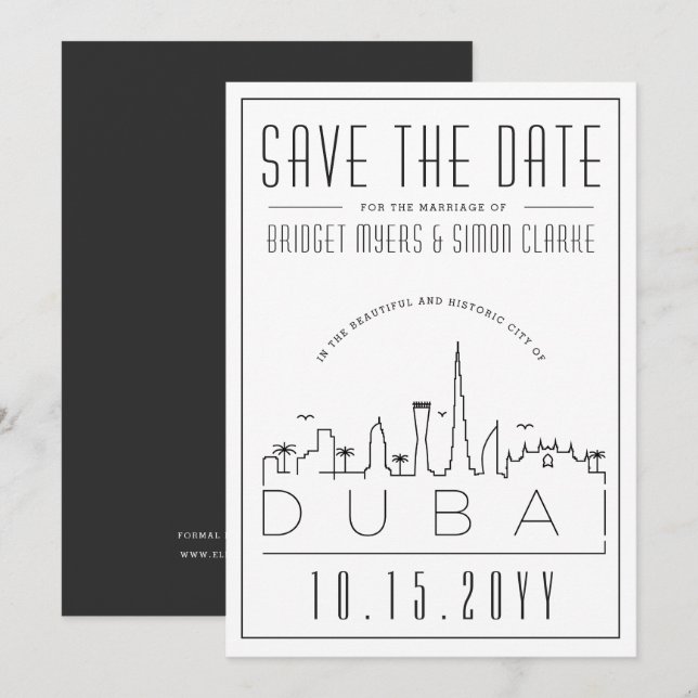 Invitación Línea de Skyline de estilo Deco de Boda de Dubai G (Anverso / Reverso)