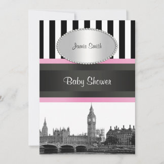 Invitación Línea de Skyline de Londres BW Blk Wht Strp Pink B