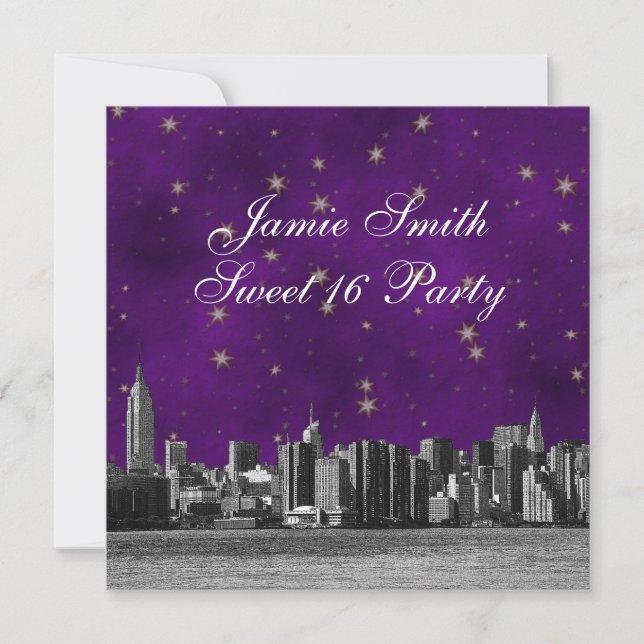 Invitación Línea de Skyline Etched NYC #3 Estrella de Oro Púr (Anverso)