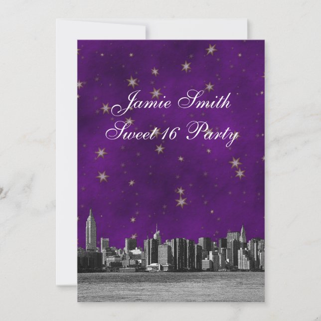 Invitación Línea de Skyline Etched NYC #3 Estrella de Oro Púr (Anverso)