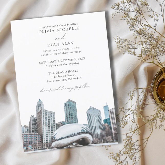 Invitación Línea de Skyline moderna de Bodas de Chicago en bl (Modern Chicago Wedding Skyline Black & White Invitation
)