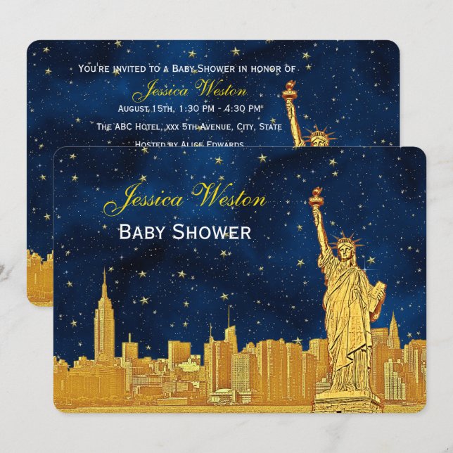 Invitación Línea de Skyline Oro NYC #2 Blue Starry H Baby Sho (Anverso / Reverso)