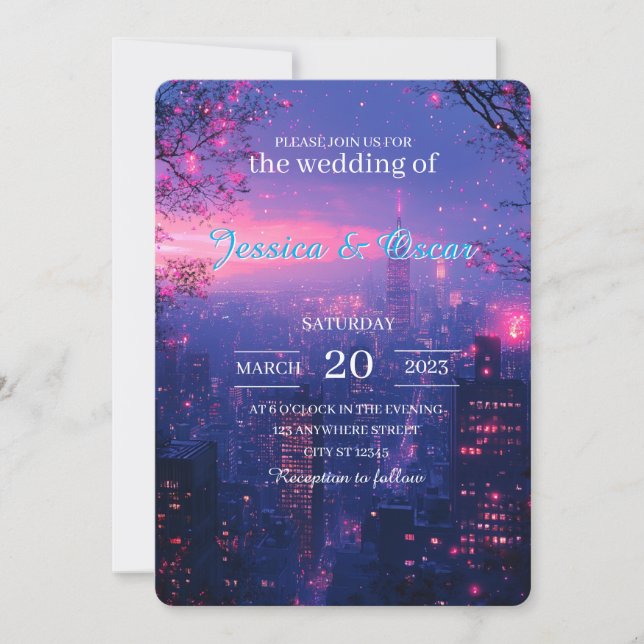 Invitación Línea de Skyline urbana con Boda Twilight Hues (Anverso)