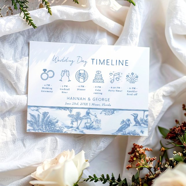 Invitación Línea de tiempo del Boda Blue Coastal Toile (Subido por el creador)